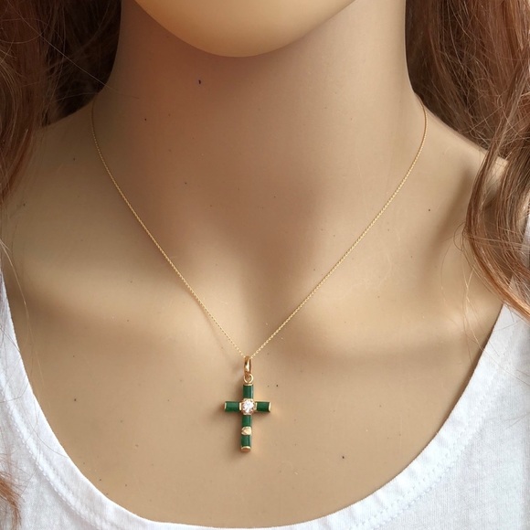 14K Solid Gold Green Jade Cross Dainty Necklace - Picture 1 of 6